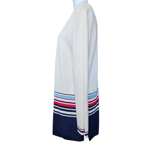 Jones&Co wool blend ivory tunic cardigan navy red striped bottom side slit L - Picture 5 of 15